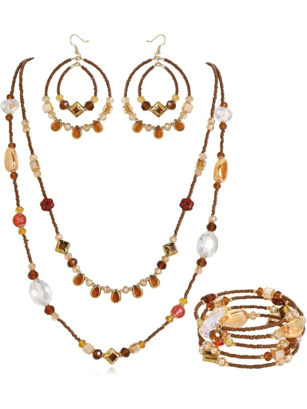 Bohemian Handmade Beaded Jewelry Set for Women - 3 Pcs Layered Necklace, Hoop